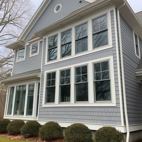 3-advergroup new double hung windows on a house with grey siding 06214b11-e362-4fbd-b04d-2183b78c44e3